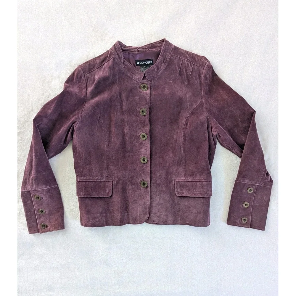 C Concept Burgundy Suede Jacket‎ Women's Sz 12 Button Up Timeless Office Classic
